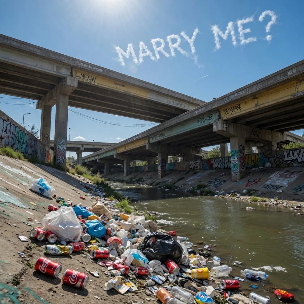 Red soda cans and other garbage sit strewn across the bank of an urban river only a few metres wide. Concrete overpasses criss cross overhead on a bright and sunny day. Fading skywriting proposes marriage