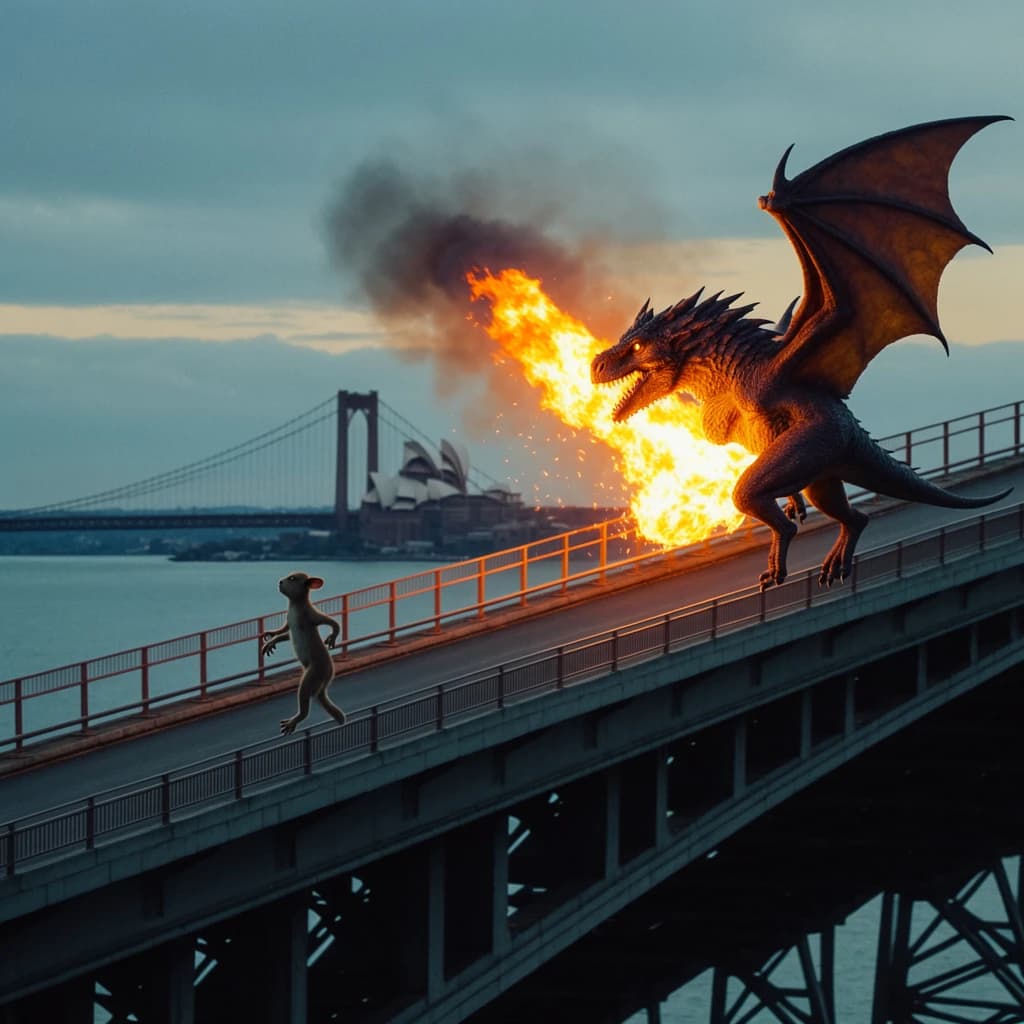 A dragon breathes fire at a kangaroo that is running away by climbing over the top of the Sydney Harbour Bridge. Opera House visible in the background.