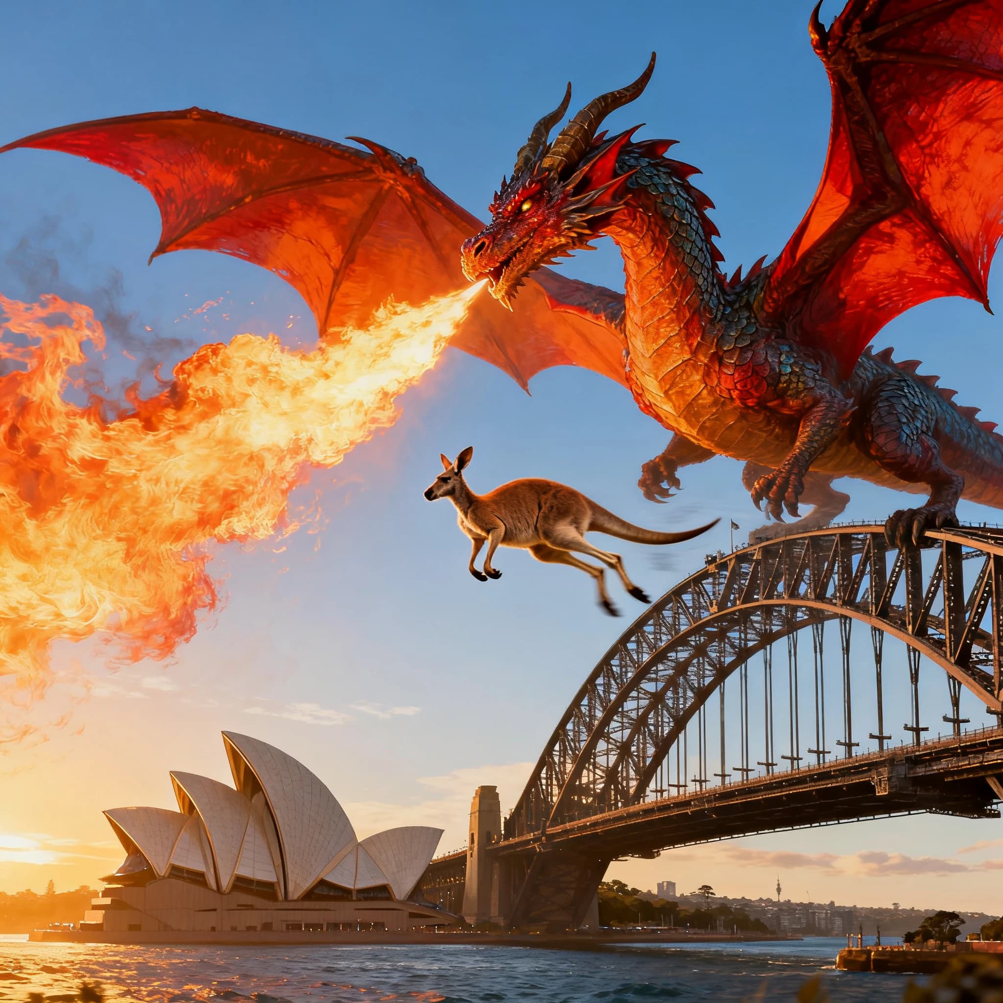 A dragon breathes fire at a kangaroo that is running away by climbing over the top of the Sydney Harbour Bridge. Opera House visible in the background.