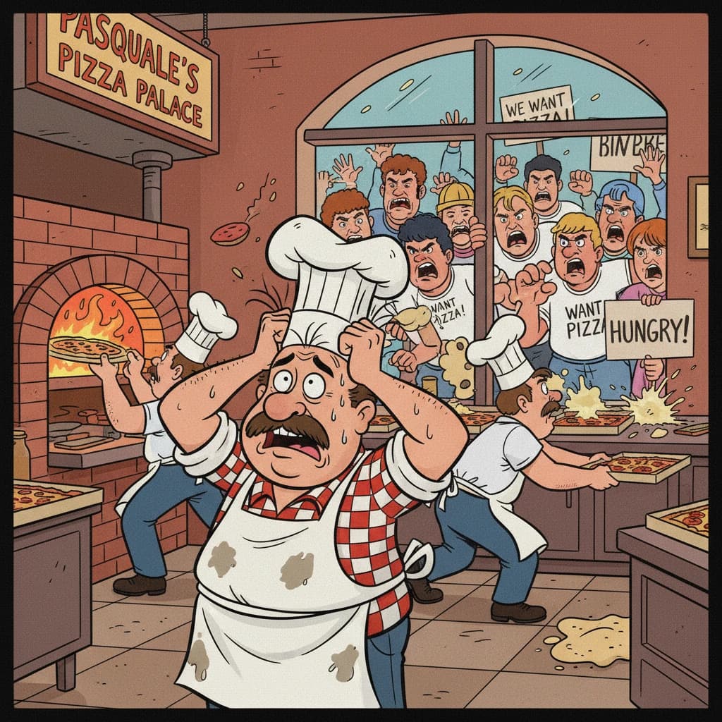Pasquale is pulling his few remaining hairs out over a disaster at the pizzeria - the cooks are working as fast as they can but the crowds outside are swelling and they demand hot hot pizza! They are banging on the glass and some are wearing "we want pizza" shirts. 1980s western TV animation style.