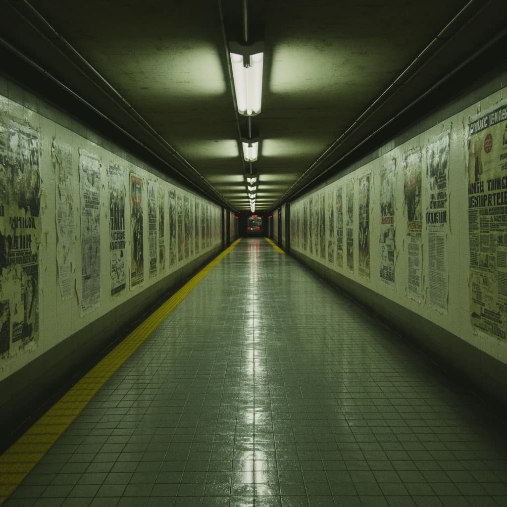A subterranean subway platform with glossy tiles, peeling posters, flickering fluorescent lights, yellow safety line, and a distant train coming; slightly damp, echoes carry.