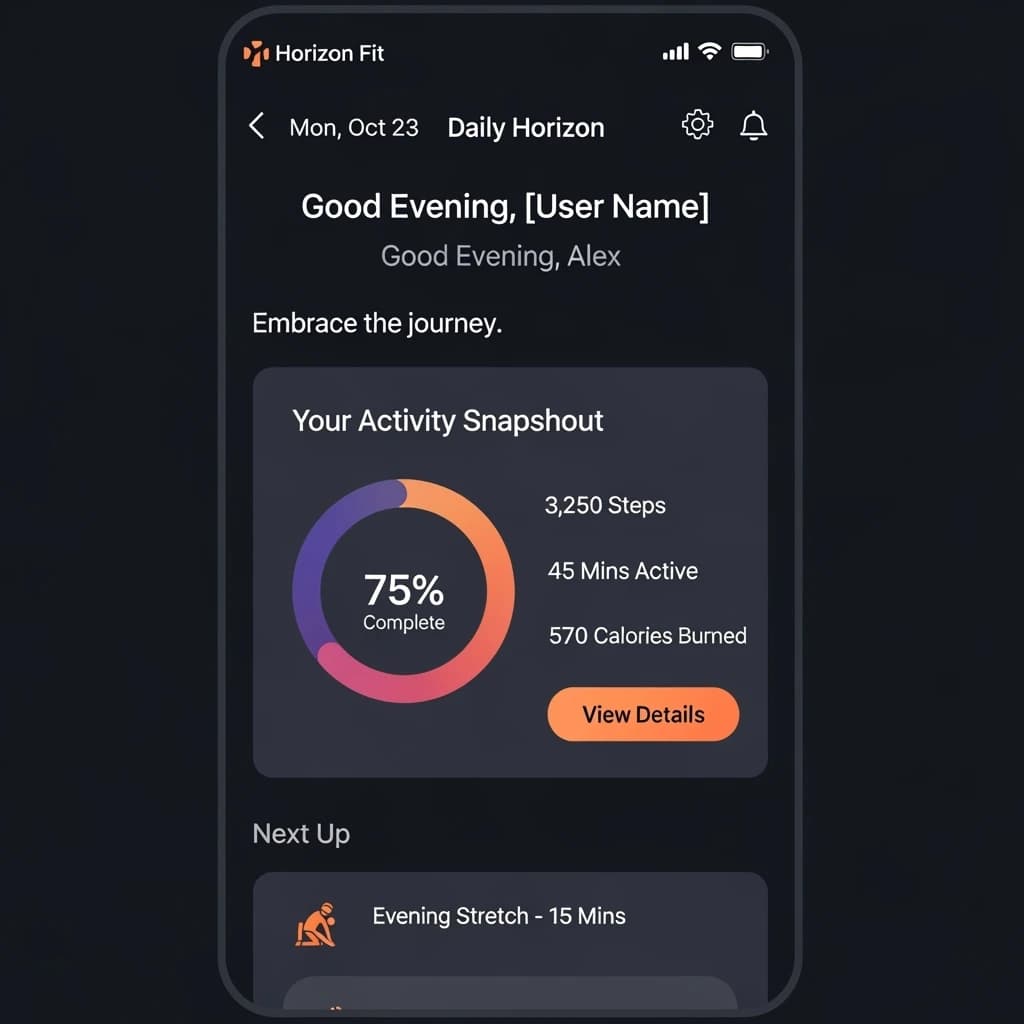 Sleek mobile fitness app screens on a desk: dark mode home, progress dashboard, simple onboarding, clear 8 pt grid, slightly oversized buttons for thumb reach, muted colors.
