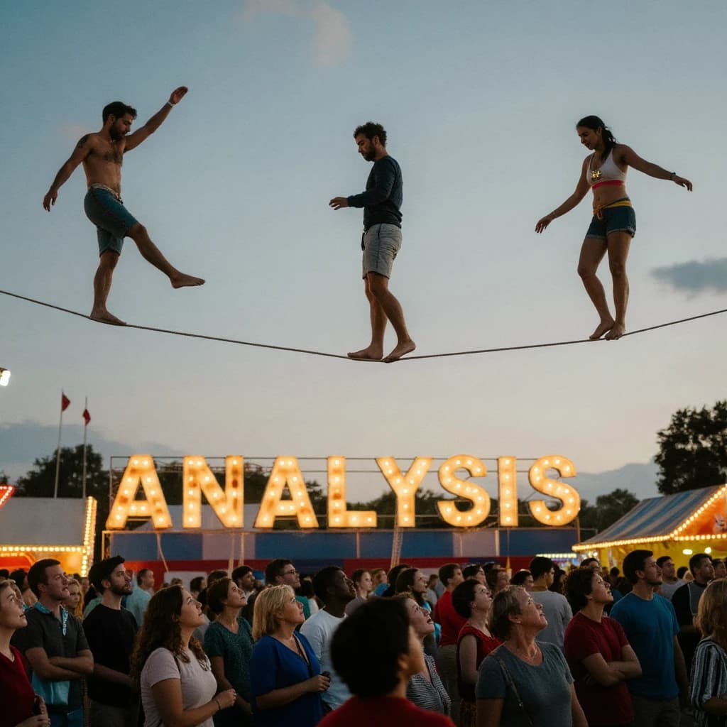 At dusk, high above a carnival crowd, three tightrope walkers balance on a single rope with no aids, one is off balance and grabbing at air. Below, the audience looks upward with baited anticipation. Artificial Analysis is spelled out in the background in carnival lights