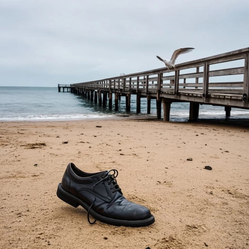 The beach is flat, sand beige, granular, no shells, except for a single left shoe, black leather, size eleven, half buried at an angle. The pier extends straight into the water, wood untreated, grain visible, though the support posts vanish before they touch the surface. The sky is uniformly gray, no clouds, yet shadows stretch at sharp diagonals. A single gull sits on the railing, wings outstretched, frozen mid-flap, no movement.