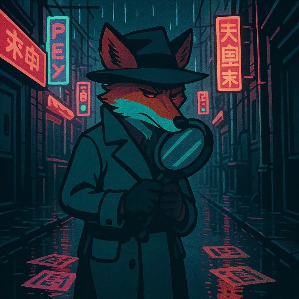 A fox detective stands in a rainy neon alley, bold outlines, flat colors, oversized magnifying glass; a bit moody, puddles reflect signs, raindrops like small dashes.