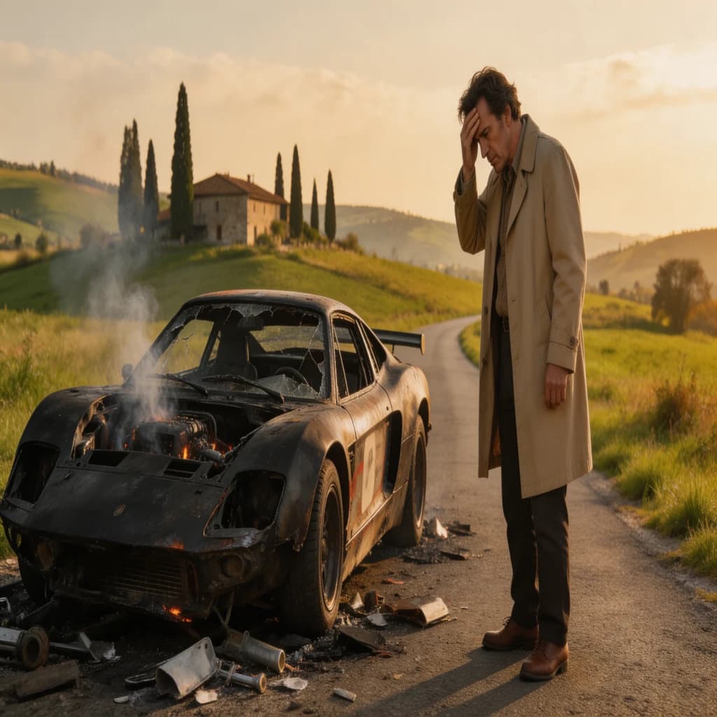 Mario examines the still smouldering wreck of the crash that took his best driver on the side of the country road. He designed this car and caused this. 3 days have passed since the crash. It's 1973 in Northern Italy.