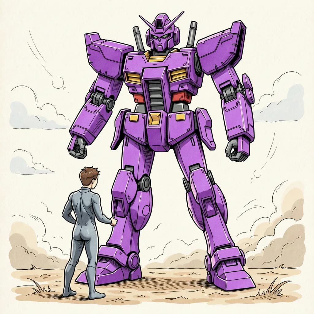 Clad in his body suit up to the neck, young Masa nervously approaches the towering mech with his back facing us. He is nervous for his first time in the field. The mech's bright purple colour scheme contrasts with the grey body suit. The scale of the mech dwarfs Masa. Hand drawn style