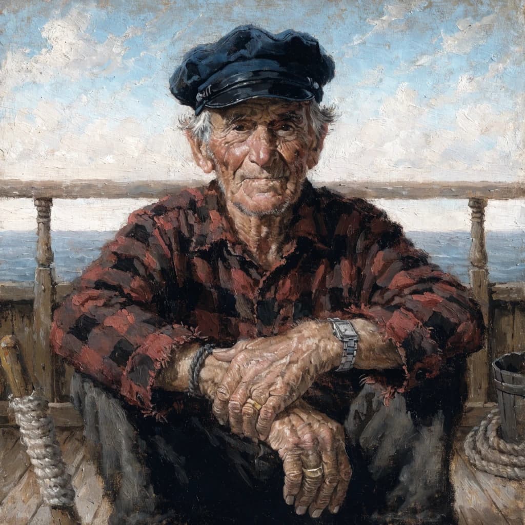 Oil on canvas portrait of an elderly sailor, weathered face, soft light.