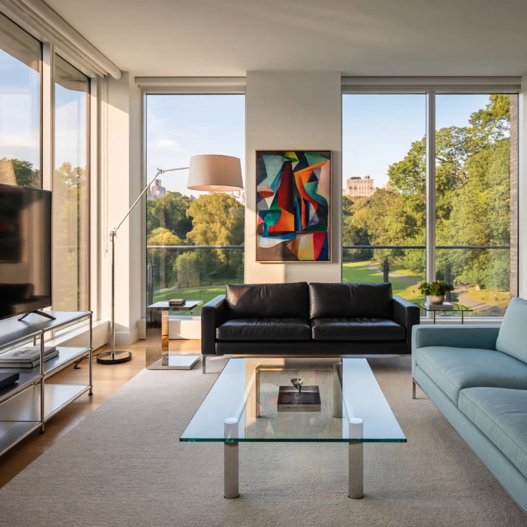 My apartment overlooks Central Park. It’s very luxurious, very expensive, and the furniture is minimal — a black leather couch, a glass coffee table with chrome legs, an Arne Jacobsen floor lamp. A big-screen television set rests on a steel shelving unit. A David Onica painting hangs above the couch. There’s a stainless steel and glass cocktail table. A powder-blue sofa. A thirty-inch digital TV.