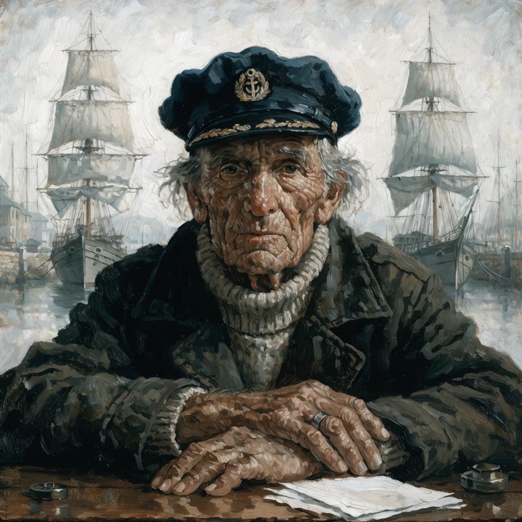 Oil on canvas portrait of an elderly sailor, weathered face, soft light.