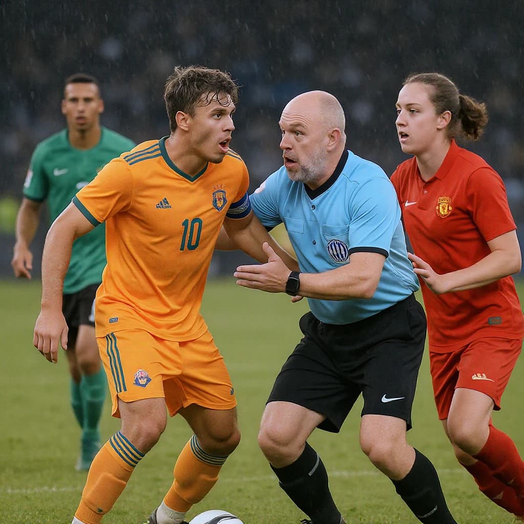 The soccer player clashes with the ref. It is thick and humid and the heat is getting to the players. His friend tries to pull him off before he causes any more trouble.