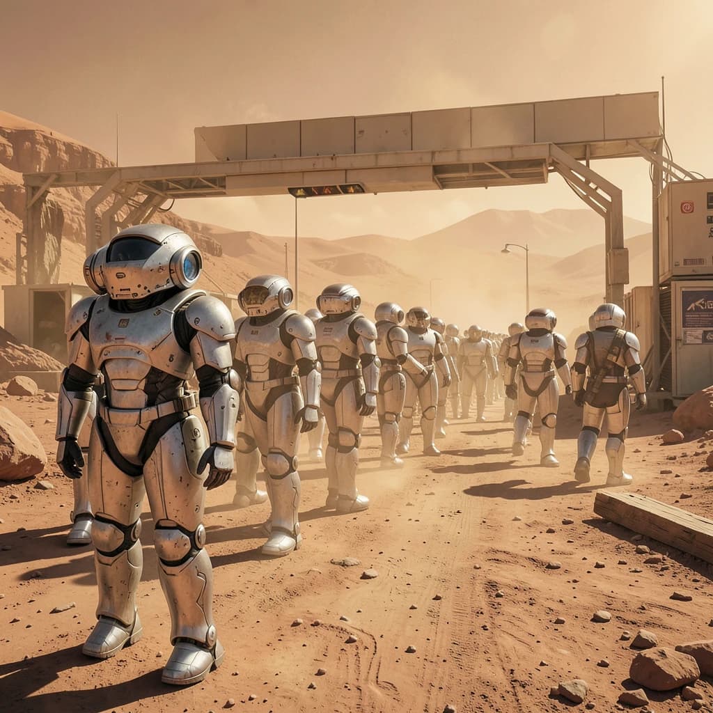 Silver exosuits queue at a dusty lunar checkpoint.