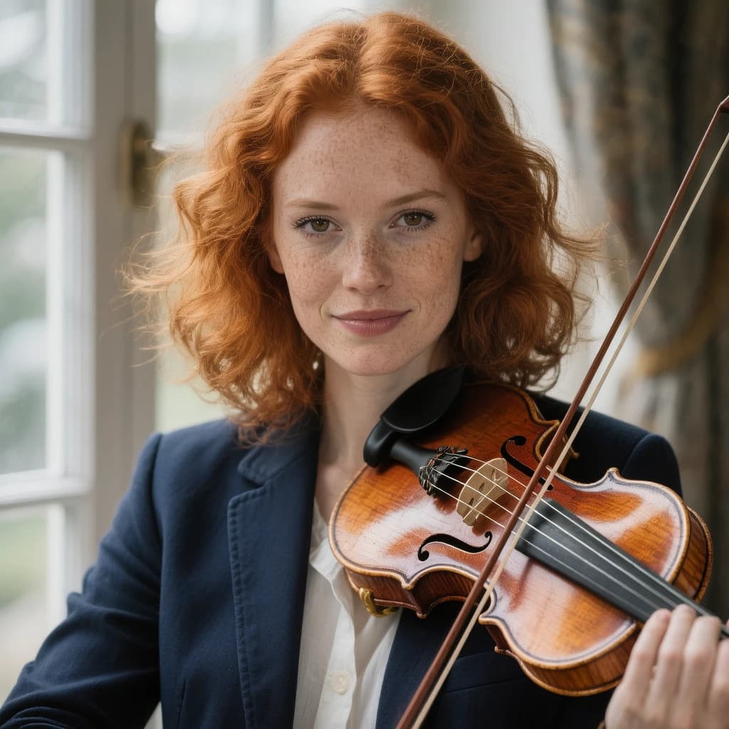 Capture a head-and-shoulders portrait of a freckled red-haired violinist in a navy blazer, soft window light, 85mm at f/1.8, gently smiling yet serious eyes, muted tones.