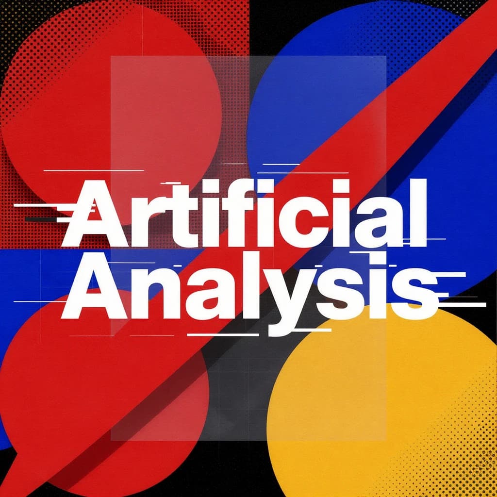 A bold poster composition dominated by flat geometric shapes in crimson, cobalt, and ochre. Overlapping circles and sharp diagonal lines create dynamic tension across the frame. A single sans-serif word — Artificial Analysis — stretches across the center in stark white, distorted slightly as though caught mid-glitch. The background is textured with halftone dots and faint grid lines, while subtle overlays of translucent rectangles suggest depth. Designed in the spirit of modernist Swiss typography fused with digital glitch aesthetics.