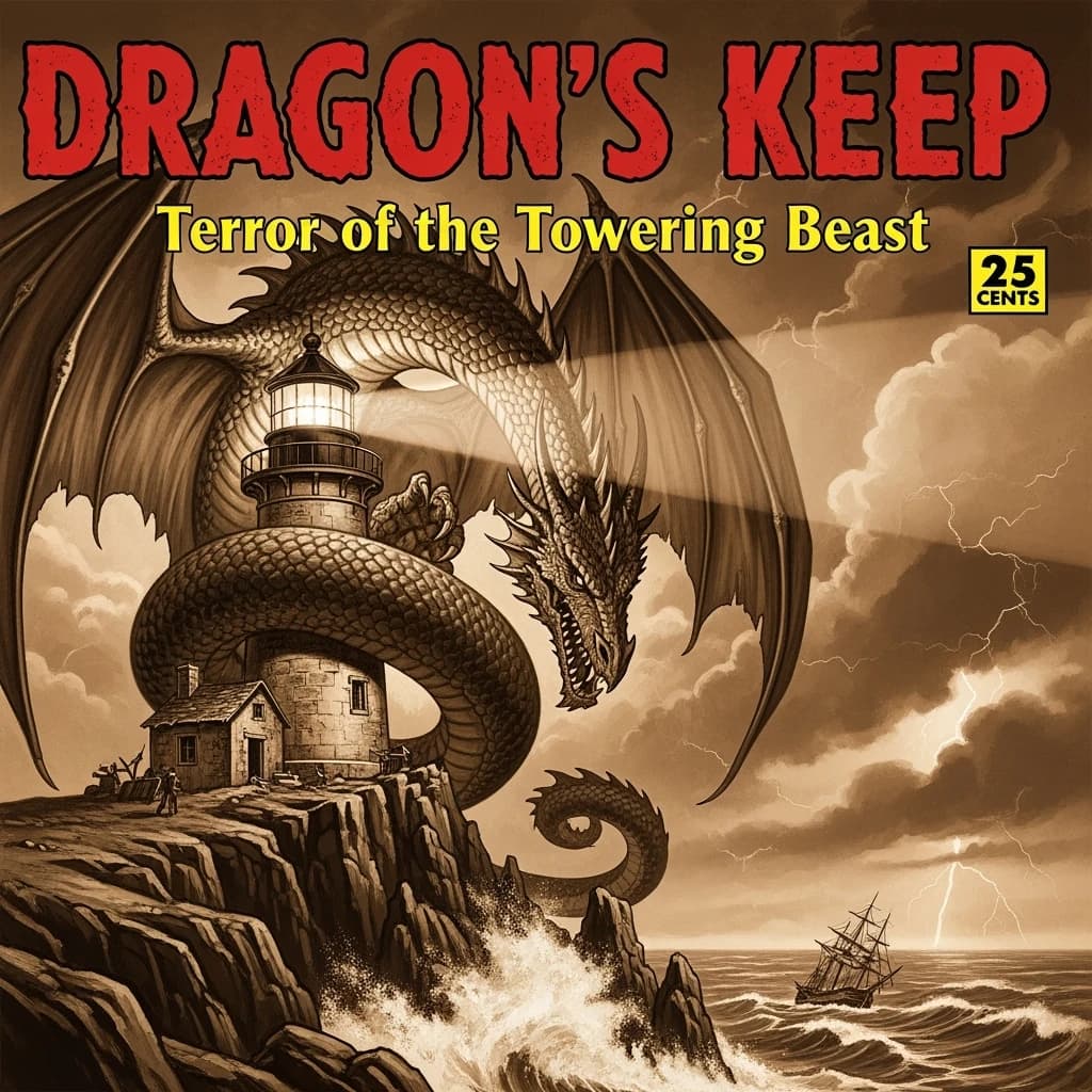 Let's do a sepia pulp cover where a dragon coils around a cliffside lighthouse.