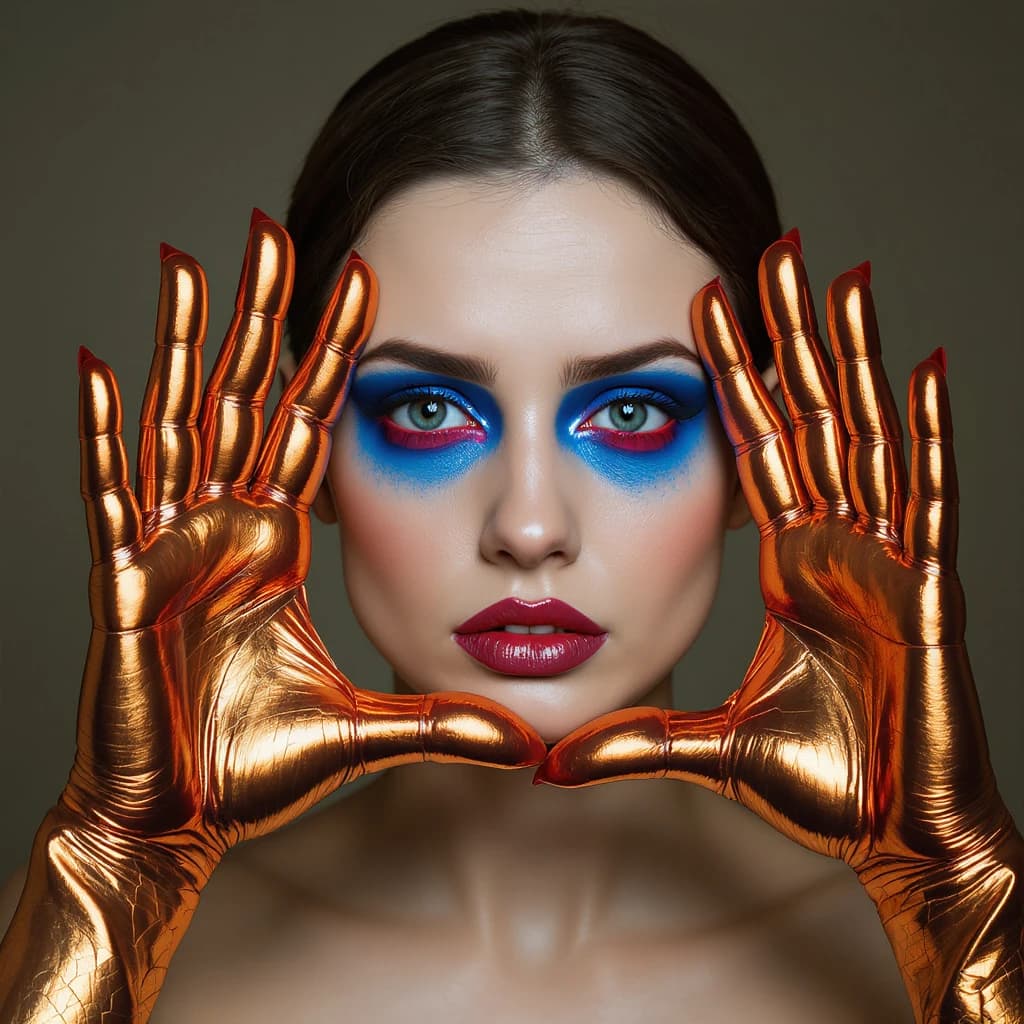 A striking close-up portrait of a woman with cracked metallic copper-painted hands framing her face. Her vivid blue and red eye makeup contrasts sharply with the smooth, pale skin and muted background, creating a bold, surreal composition. She displays an air of uncertainty about her