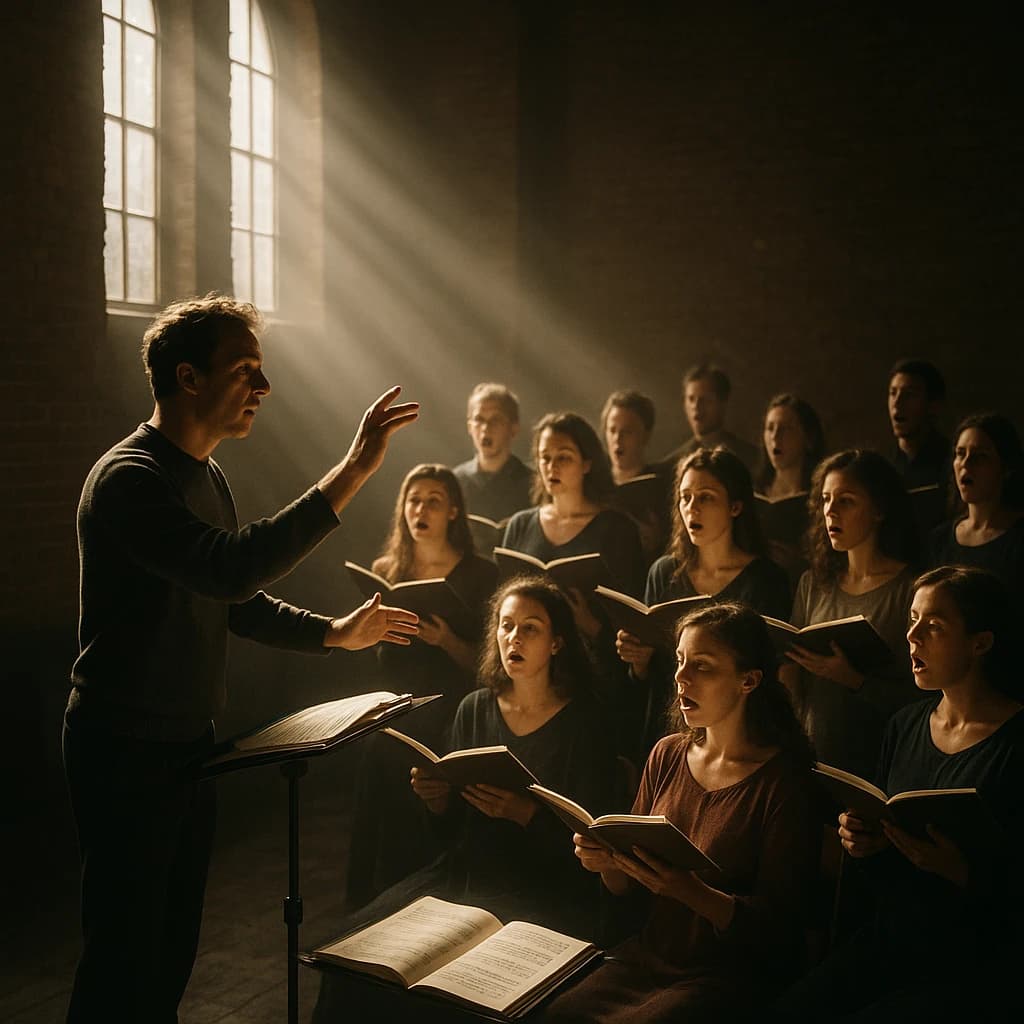 A choir rehearses in a brick hall as somewhat dramatic morning light falls through high windows, with a patient conductor mid-gesture, open scores, intent faces, slight motion blur.