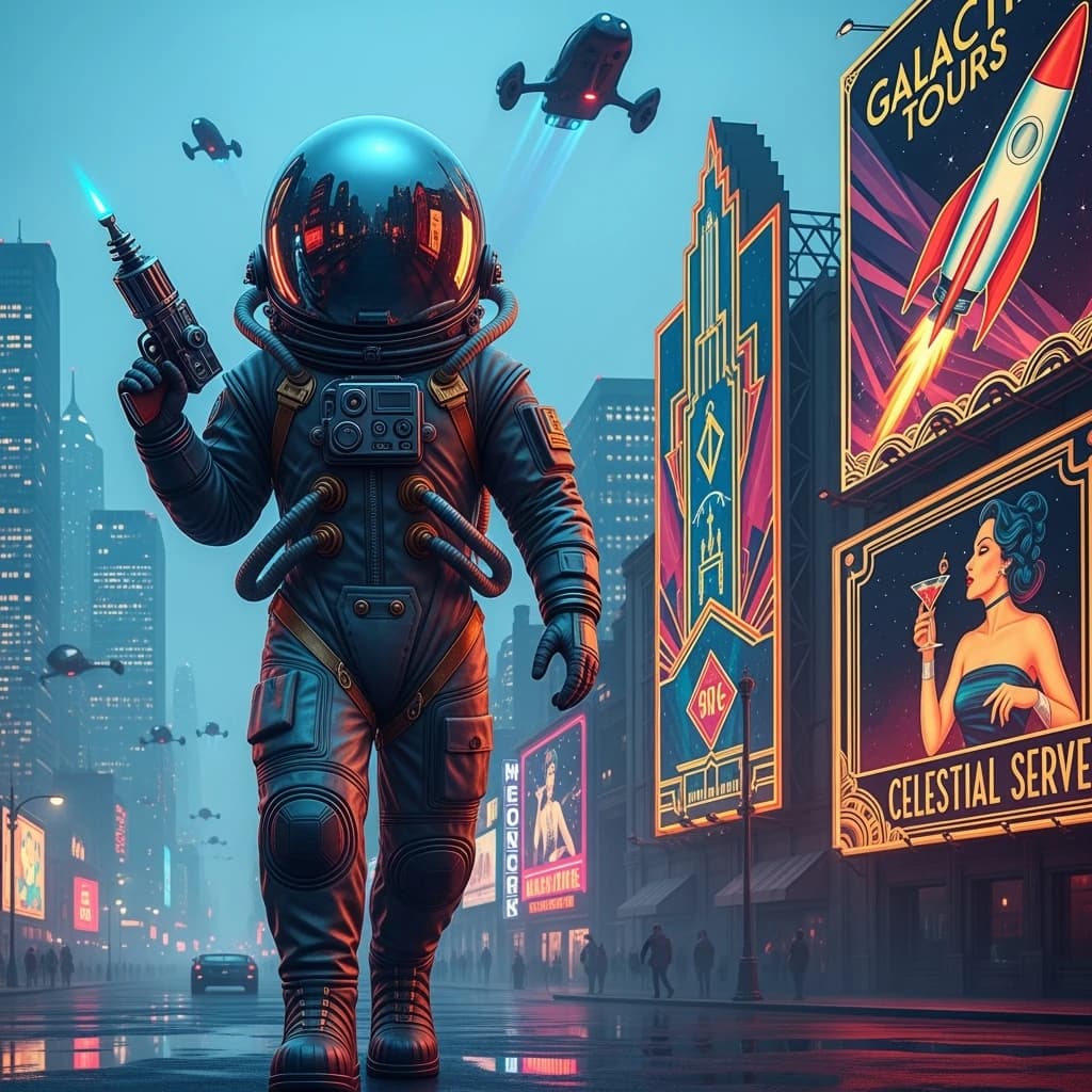 Raygun-toting astronaut in a bubble helmet strolls past art deco billboards.