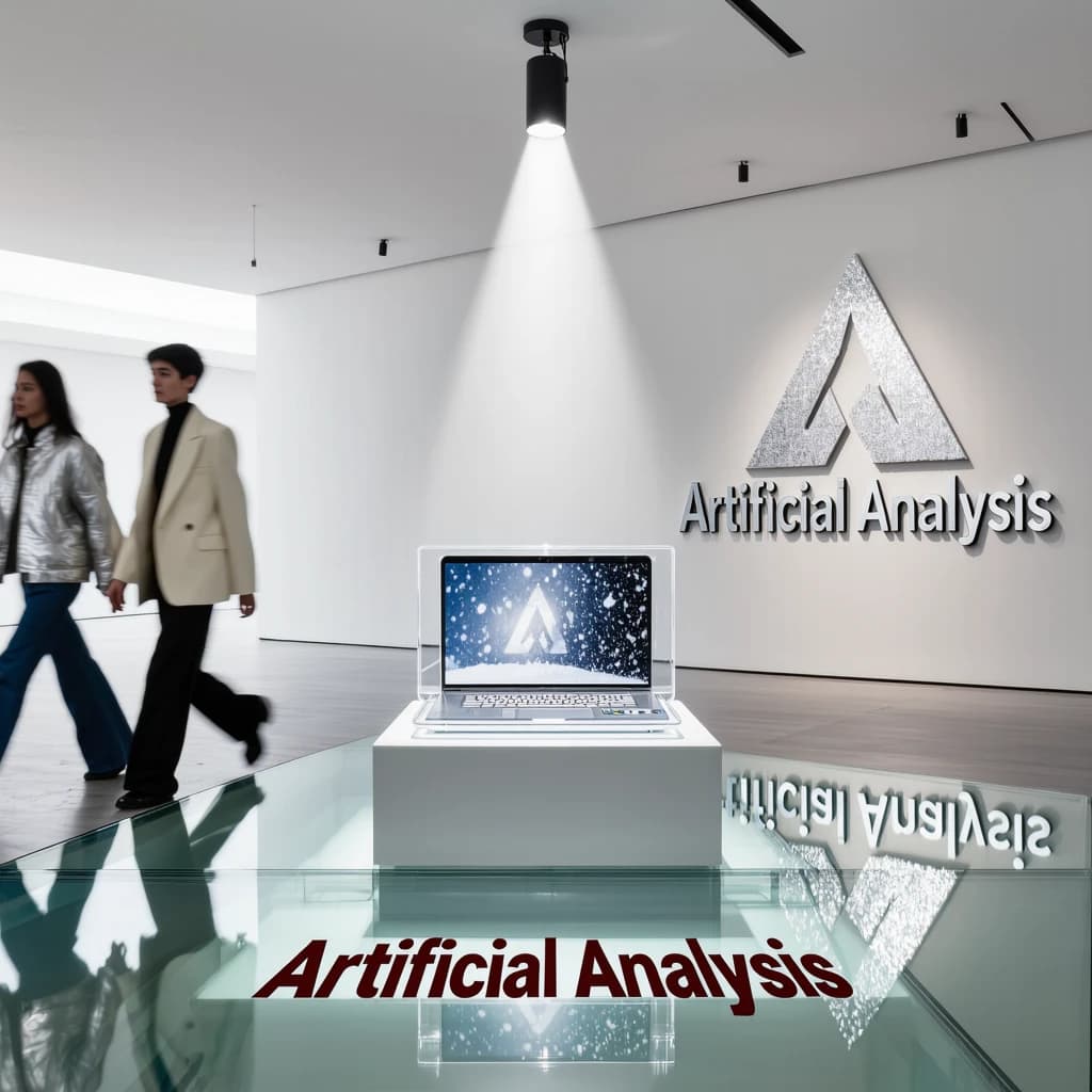 In a spotless gallery space, a pedestal supports a transparent laptop whose screen flickers between static and pristine brand imagery. Shoppers blur past in designer clothes that appear slightly outdated - bell bottoms, metallic jackets. The embossed logo “Artificial Analysis” glints silver, yet its reflection in the glass floor reads in crimson letters. A single spotlight shines, though shadows fall in two directions.