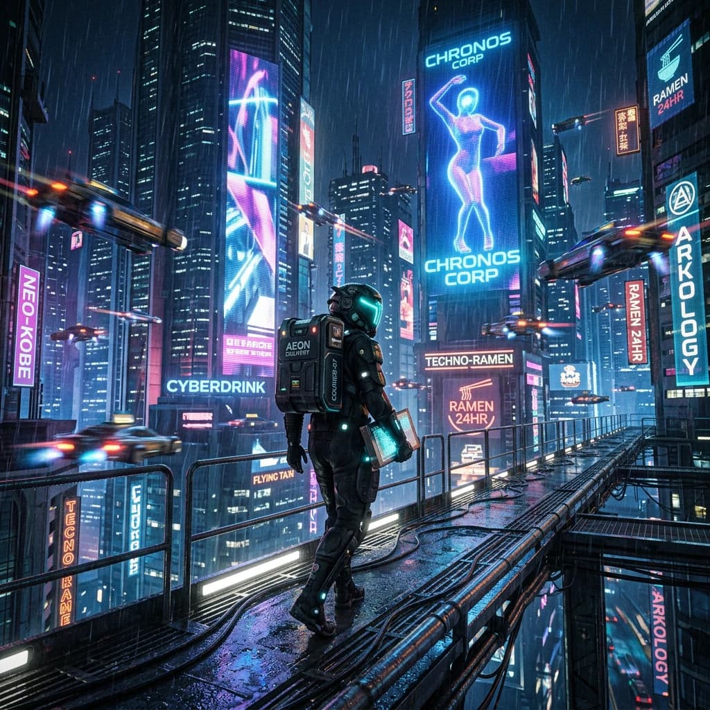 Rain-soaked neon megacity at night, flying taxis weave between glass towers, giant holograms flicker; a lone courier in a matte exosuit, somewhat cinematic wide angle.