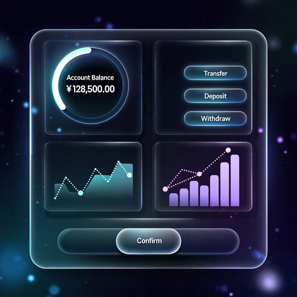 Dark mode banking dashboard with glassmorphism.