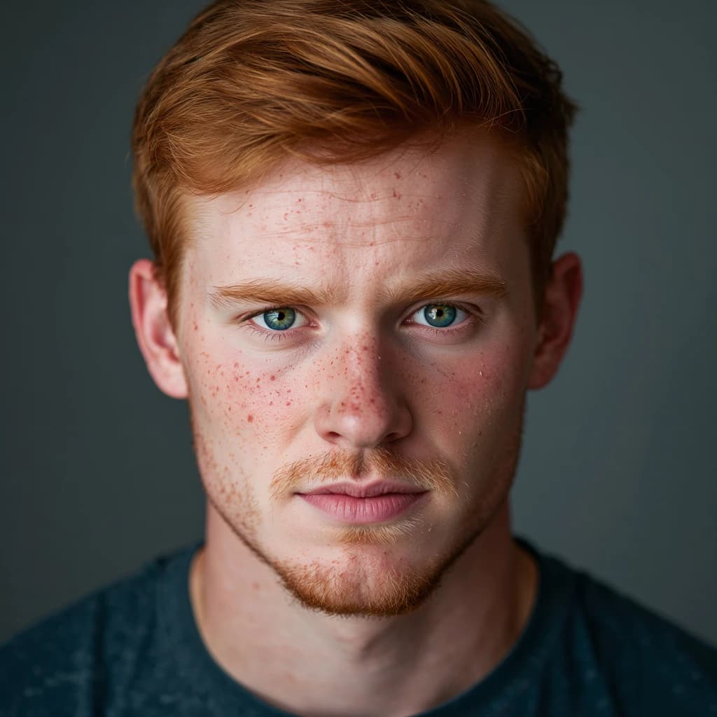 Shoot a natural light headshot of a red-haired man with freckles, green eyes.