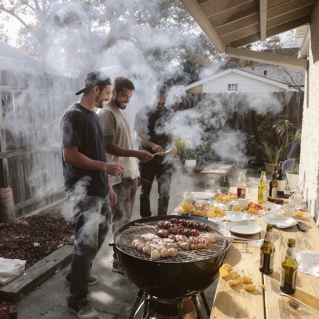 Friends grill skewers on a slightly messy patio.