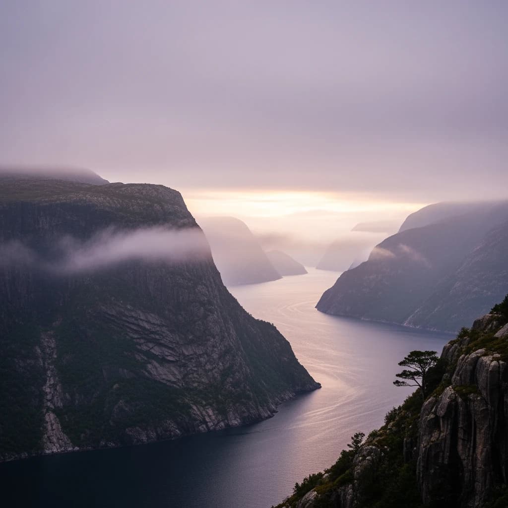 Frame a foggy fjord at sunrise, cliffs looming.