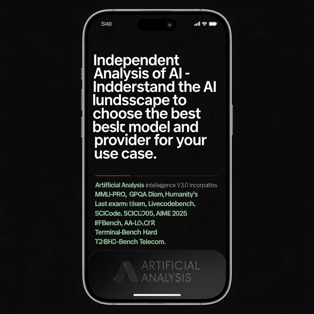 On a black smartphone UI with rounded corners, display a centered text block in white San Francisco font, 16pt: “Independent analysis of AI - Understand the AI landscape to choose the best model and provider for your use case.” Below, in neon cyan, monospace font, smaller size: “Artificial Analysis Intelligence Index v3.0 incorporates 10 evaluations: MMLU-Pro, GPQA Diamond, Humanity's Last Exam, LiveCodeBench, SciCode, AIME 2025, IFBench, AA-LCR, Terminal-Bench Hard, 𝜏²-Bench Telecom.” The second block scrolls horizontally as a ticker. The battery icon in the status bar shows 54%. The Artificial Analysis logo appears faintly, embossed into the bottom navigation bar.