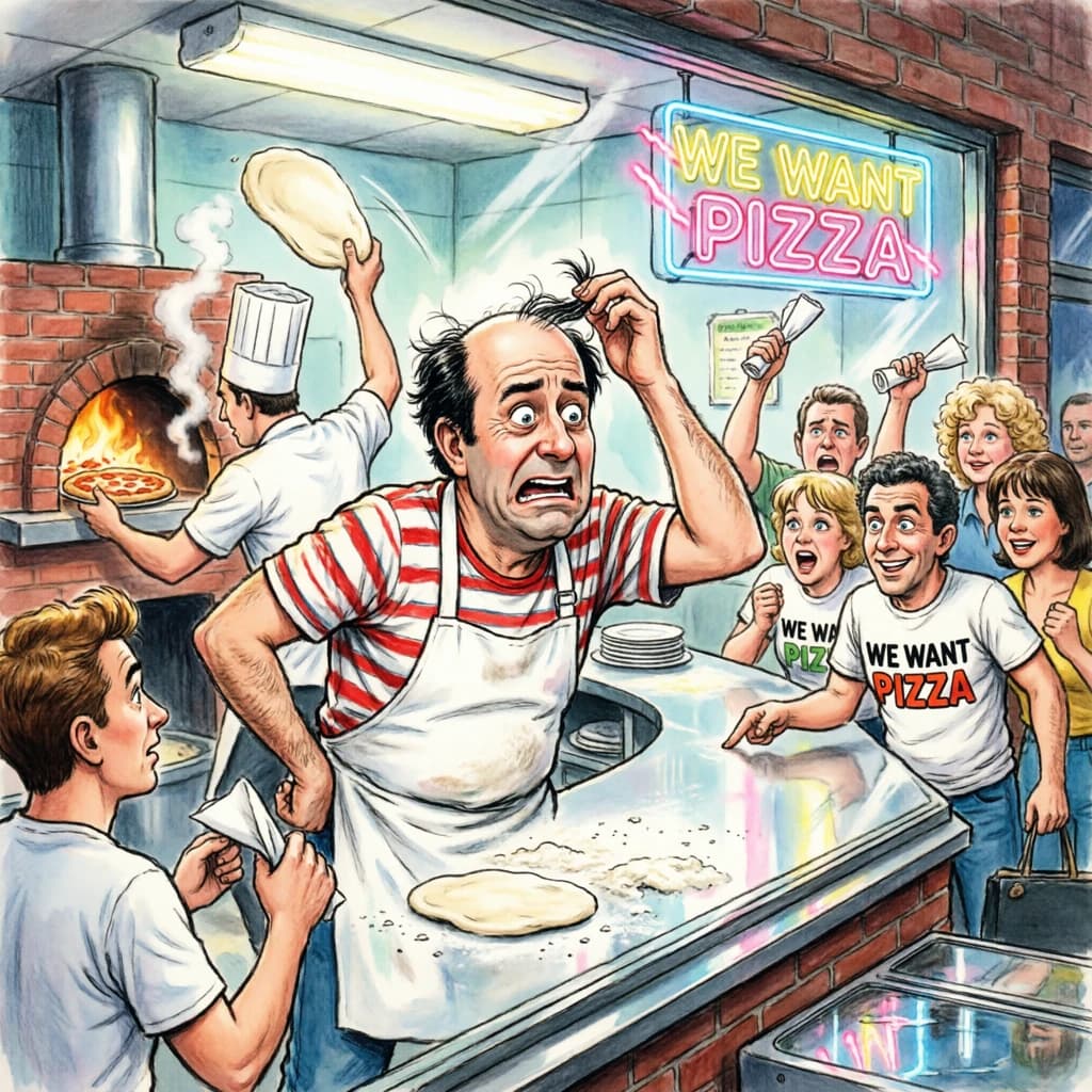 Pasquale is pulling his few remaining hairs out over a disaster at the pizzeria - the cooks are working as fast as they can but the crowds outside are swelling and they demand hot hot pizza! They are banging on the glass and some are wearing "we want pizza" shirts. 1980s western TV animation style.