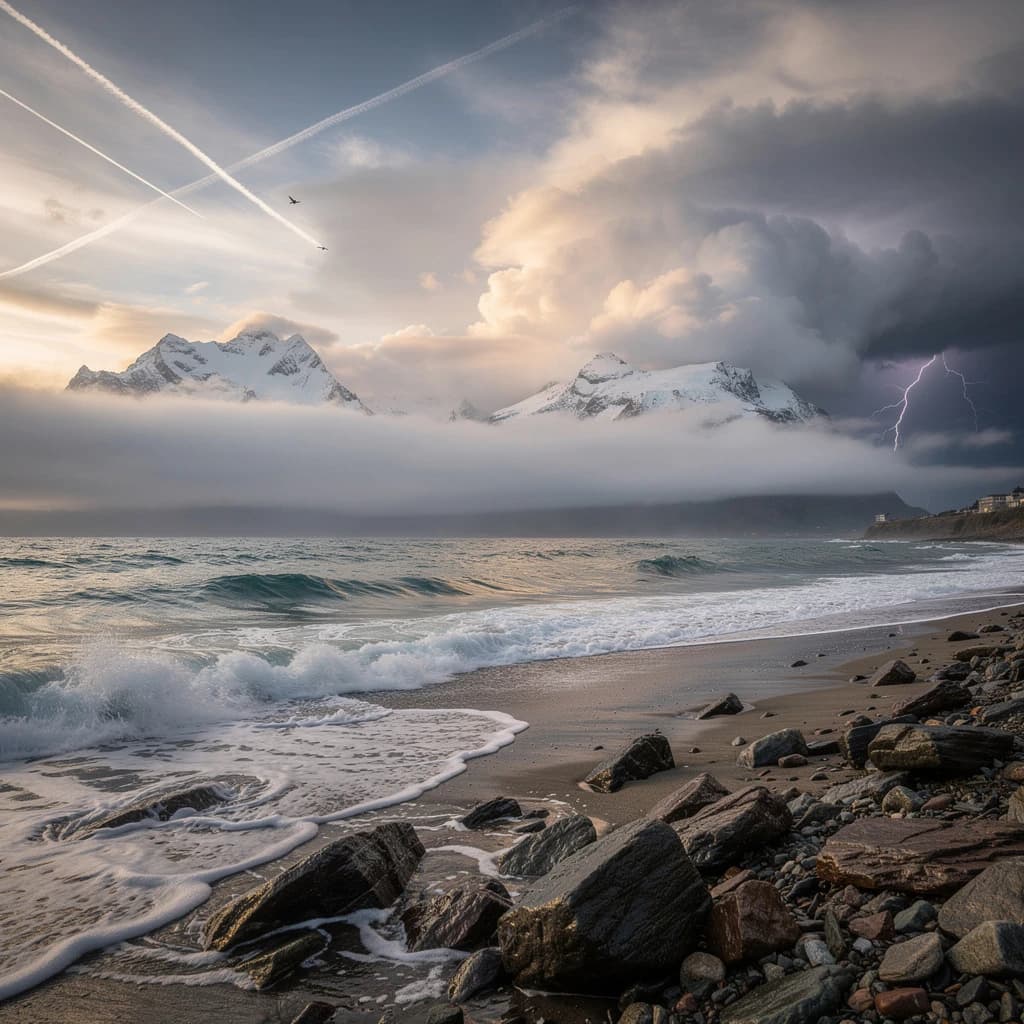 A stunning mountain vista pokes through the cloud top. Contrails from a distant airplane linger in the air. In the foreground there is a stony beach with foamy seas. A thunder storm is visibile in the distant right.