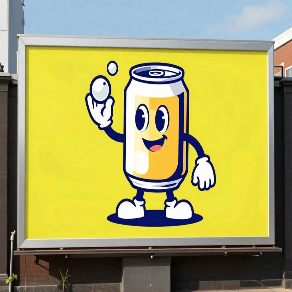 Design a bright soda billboard ad with a bubbly can mascot, thick inky lines.