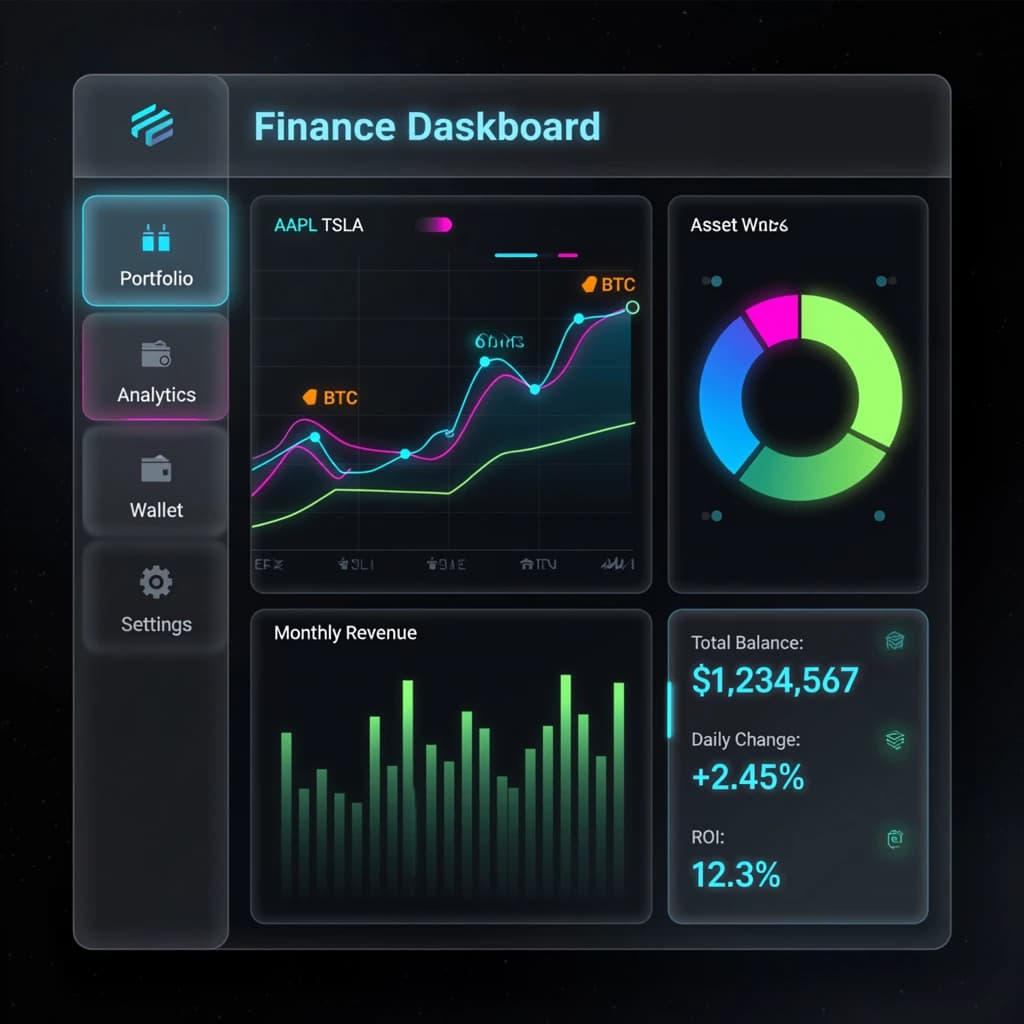 Make a dark mode finance dashboard with charts, glassmorphism, soft neon glow.