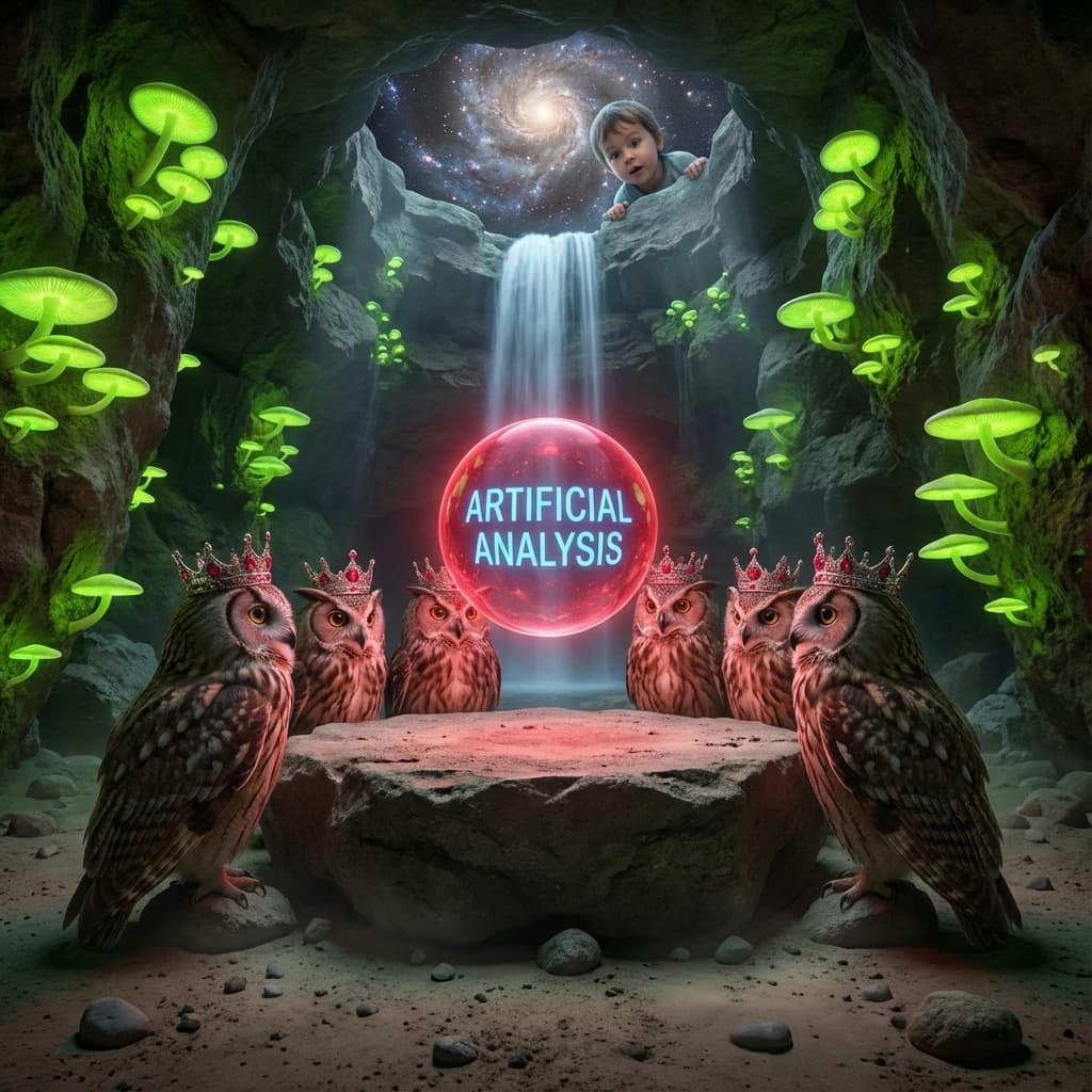 In a cavern lined with bioluminescent fungi glowing lime green, the council of owls wear jeweled crowns that glimmer with rubies, their wings folded behind their backs. Dust coats the stone table, a glowing orb inscribed with “Artificial Analysis” hovers above the table illuminating the owls with its red pulsating light. Behind them, a waterfall falls upward into a ceiling that opens onto stars - a child looks down in wonder from above at what he has stumbled across.