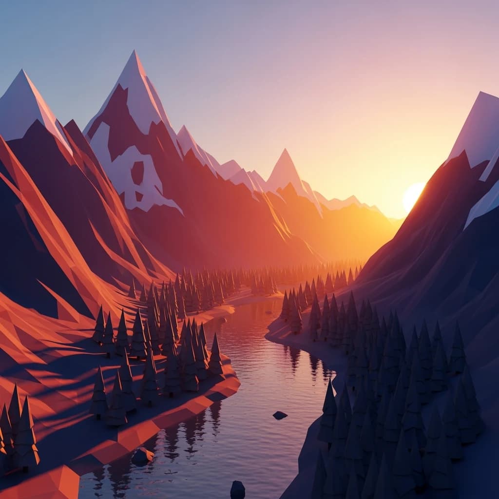 Render a low-poly alpine valley at sunset, clean gradients, long shadows.