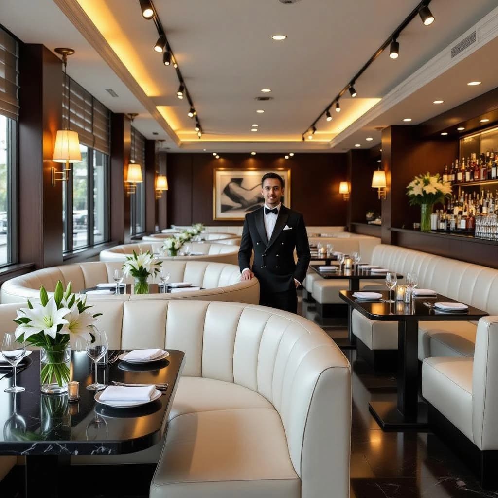 The place is almost empty. The banquettes are covered in white leather, the tables black granite, and the entire room is bathed in halogen track lighting that seems too bright. The maître d’ wears a double-breasted wool crepe jacket. There are lilies on every table.