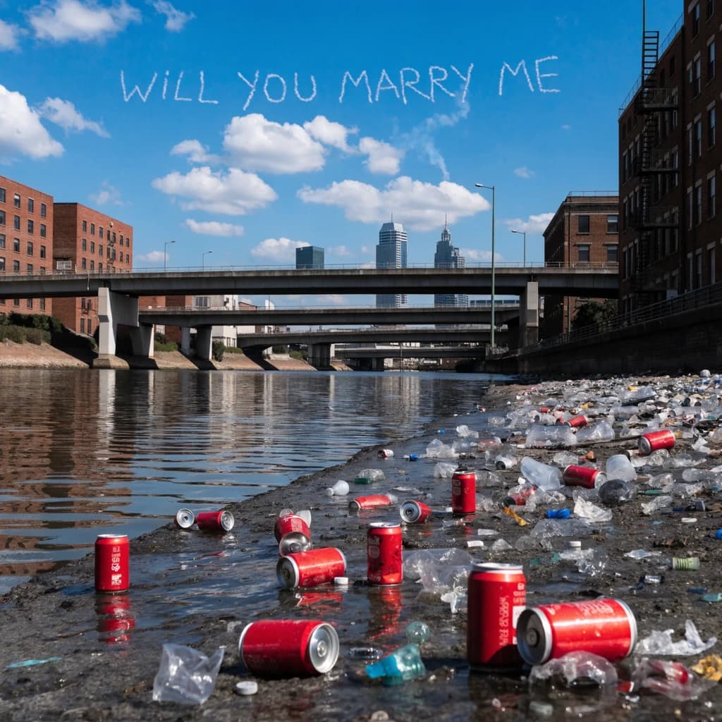 Red soda cans and other garbage sit strewn across the bank of an urban river only a few metres wide. Concrete overpasses criss cross overhead on a bright and sunny day. Fading skywriting proposes marriage