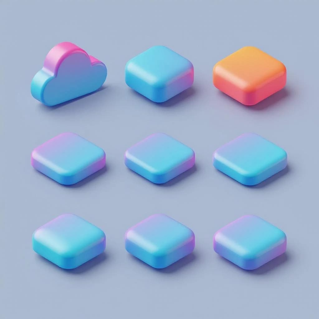 Design a glossy 3D icon set with smooth gradients.
