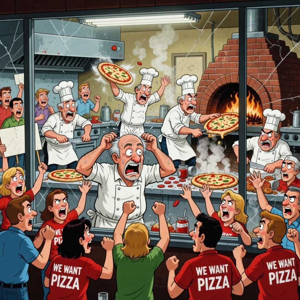 Pasquale is pulling his few remaining hairs out over a disaster at the pizzeria - the cooks are working as fast as they can but the crowds outside are swelling and they demand hot hot pizza! They are banging on the glass and some are wearing "we want pizza" shirts. 1980s western TV animation style.