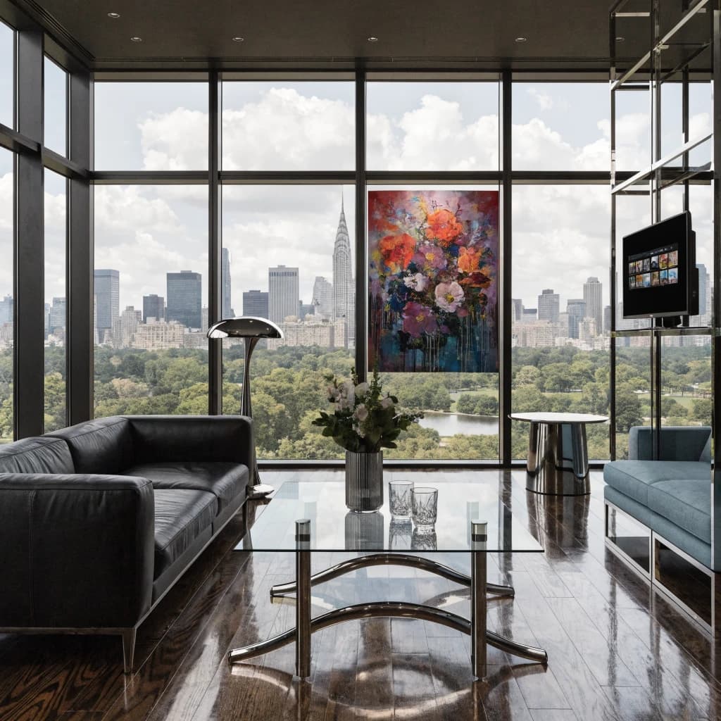 My apartment overlooks Central Park. It’s very luxurious, very expensive, and the furniture is minimal — a black leather couch, a glass coffee table with chrome legs, an Arne Jacobsen floor lamp. A big-screen television set rests on a steel shelving unit. A David Onica painting hangs above the couch. There’s a stainless steel and glass cocktail table. A powder-blue sofa. A thirty-inch digital TV.