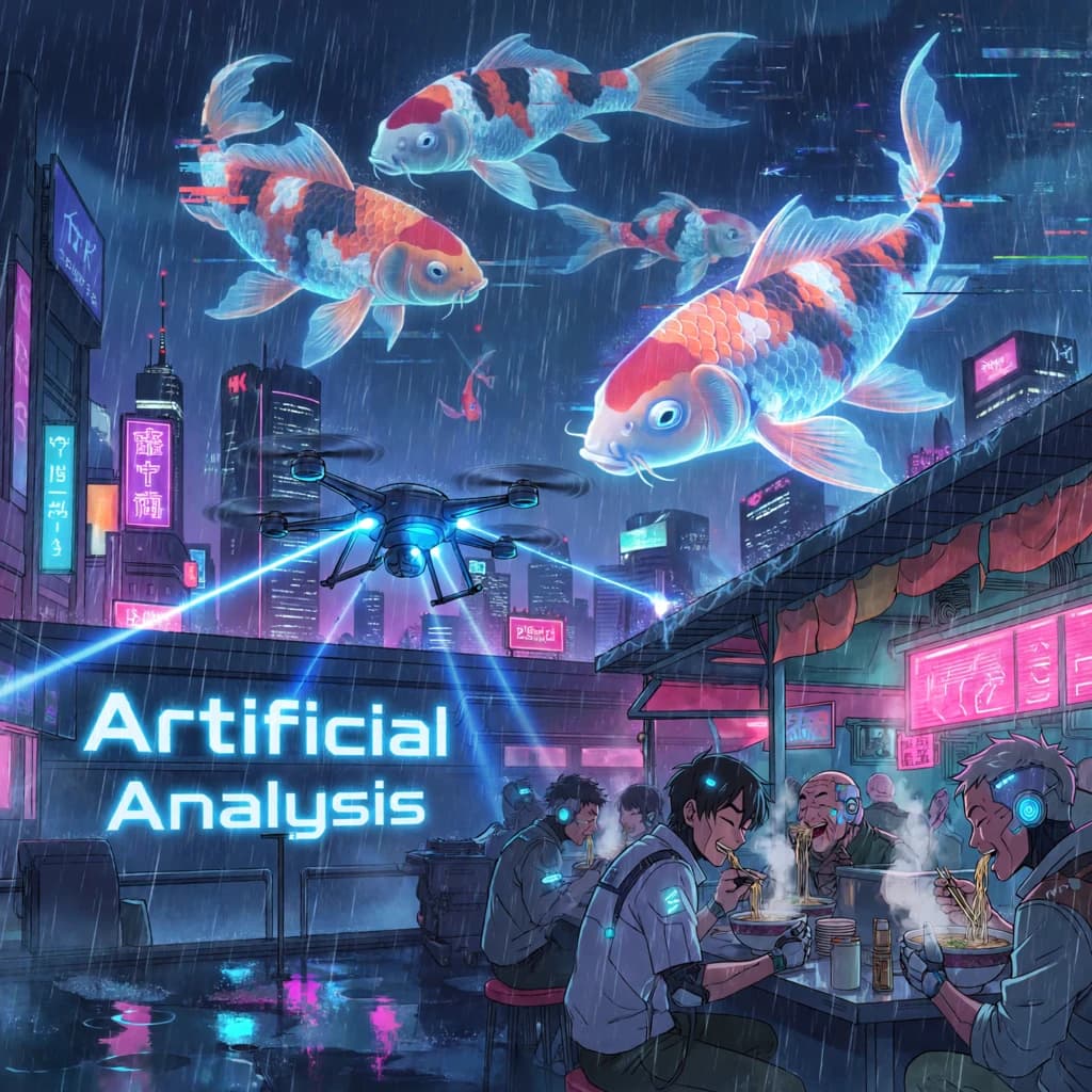 A neon alley in Neo-Tokyo 2142 drips with rain Cybernetic patrons slurp ramen at a stall with their glowing implants humming with blue light. Three giant holographic koi hover 10 metres above the ground and swim across the skyline, one has clipped into a building. A six-prop drone hovers nearby, projecting "Artificial Analysis" onto a wall with blue laser beams visible