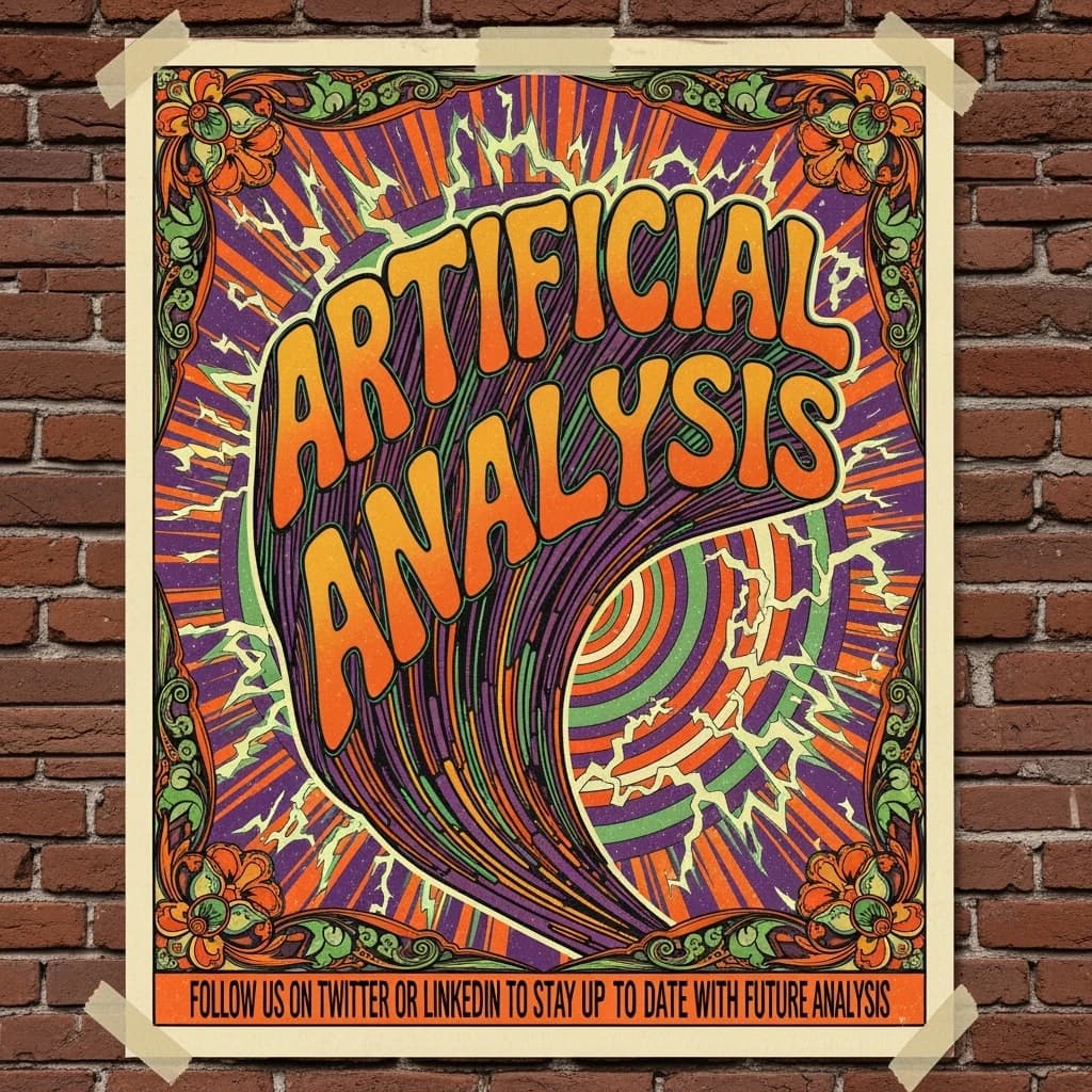 A portrait layout psychedelic concert poster from 1972 bathed in saturated oranges, deep purples, and acid greens. Swirling, hand-drawn typography arcs across the top, spelling out Artificial Analysis in bold, distorted letters that melt into spirals. Surrounded by radiating concentric circles and lightning-bolt motifs. The background is textured with halftone dots and faded paper creases, evoking a well-worn poster taped to a brick wall. Ornate floral borders frame the design, while the bottom features blocky retro lettering listing “Follow us on Twitter or LinkedIn to stay up to date with future analysis” in smaller text. 
