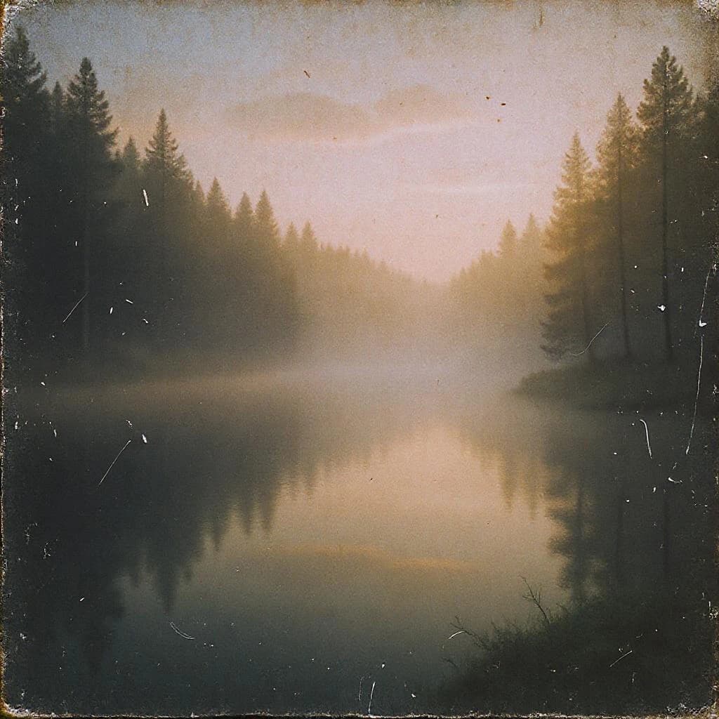 Give me a faded postcard of a misty pine lake at dawn, light leaks, film grain.