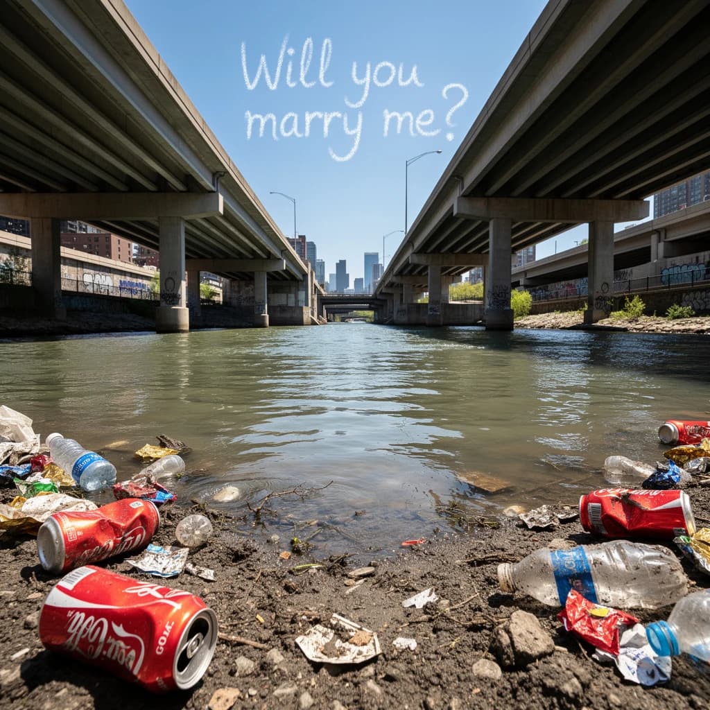 Red soda cans and other garbage sit strewn across the bank of an urban river only a few metres wide. Concrete overpasses criss cross overhead on a bright and sunny day. Fading skywriting proposes marriage