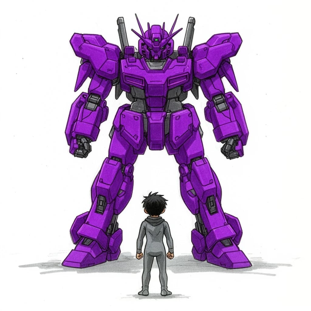 Clad in his body suit up to the neck, young Masa nervously approaches the towering mech with his back facing us. He is nervous for his first time in the field. The mech's bright purple colour scheme contrasts with the grey body suit. The scale of the mech dwarfs Masa. Hand drawn style