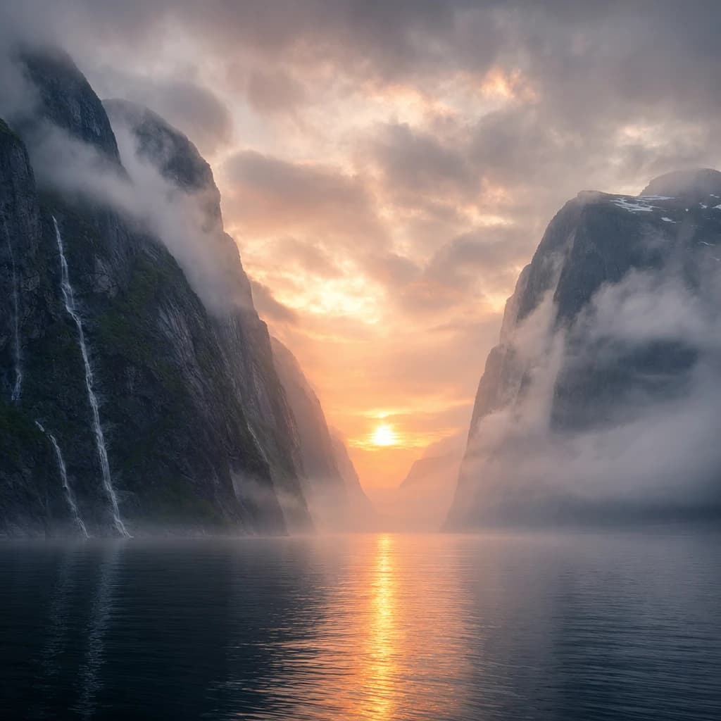 Frame a foggy fjord at sunrise, cliffs looming.