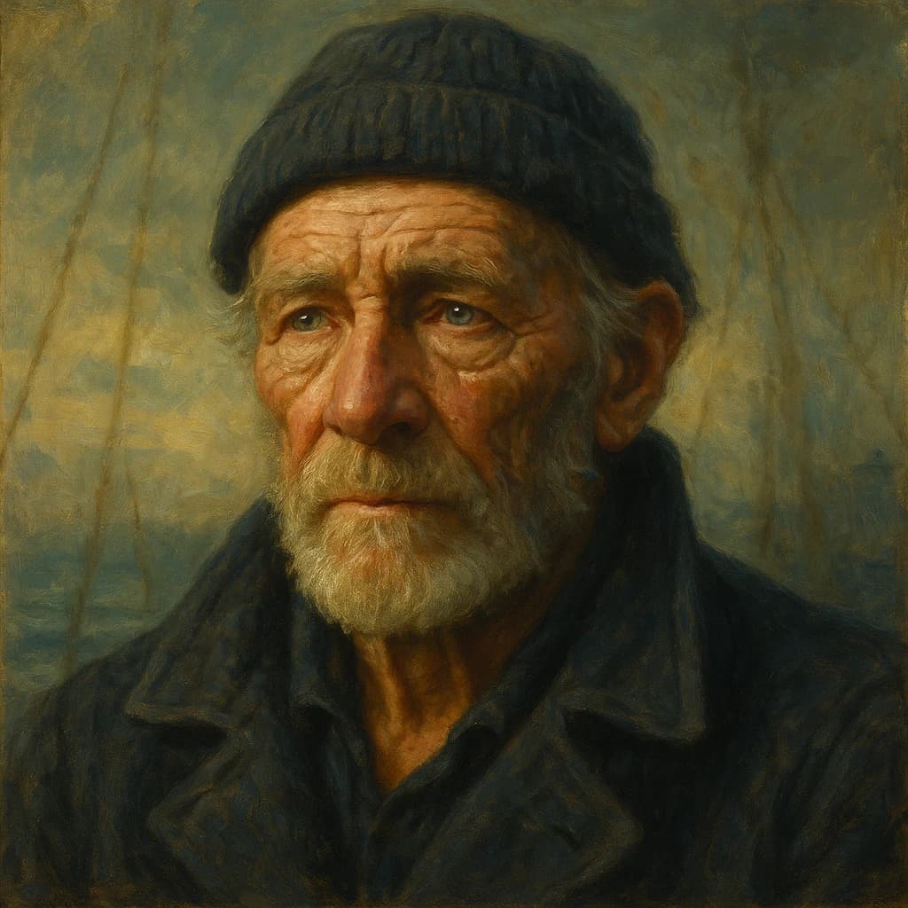 Oil on canvas portrait of an elderly sailor, weathered face, soft light.