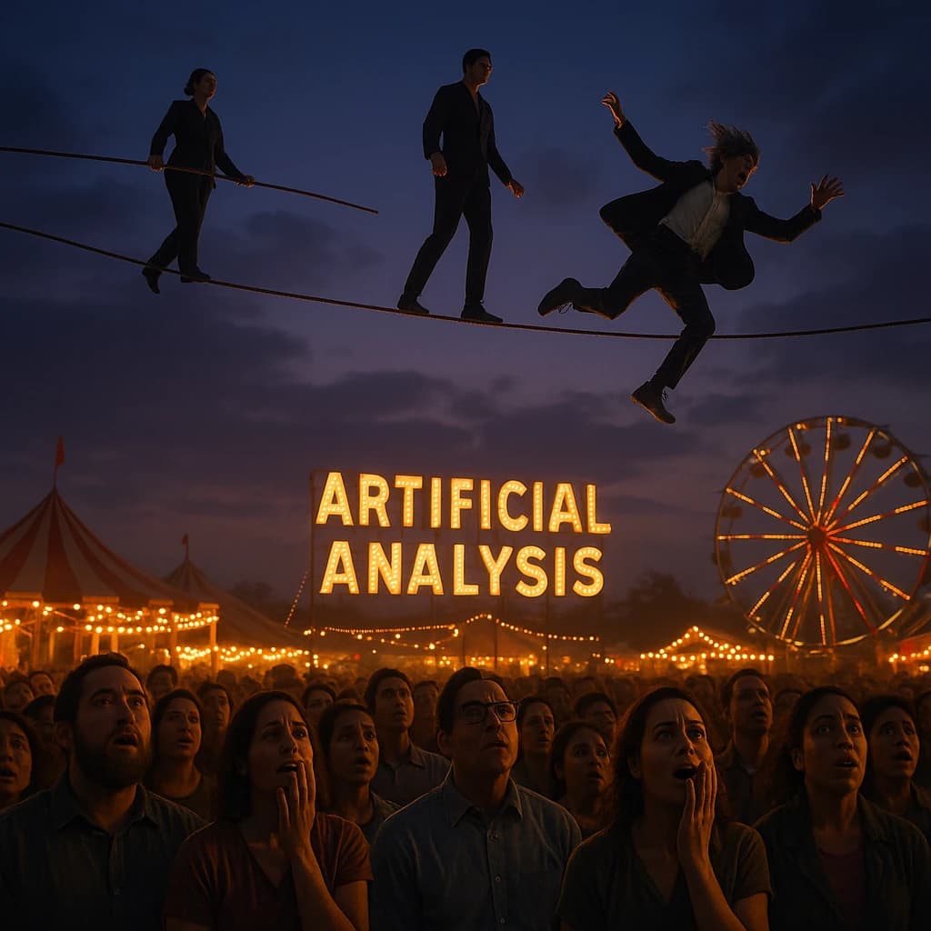At dusk, high above a carnival crowd, three tightrope walkers balance on a single rope with no aids, one is off balance and grabbing at air. Below, the audience looks upward with baited anticipation. Artificial Analysis is spelled out in the background in carnival lights
