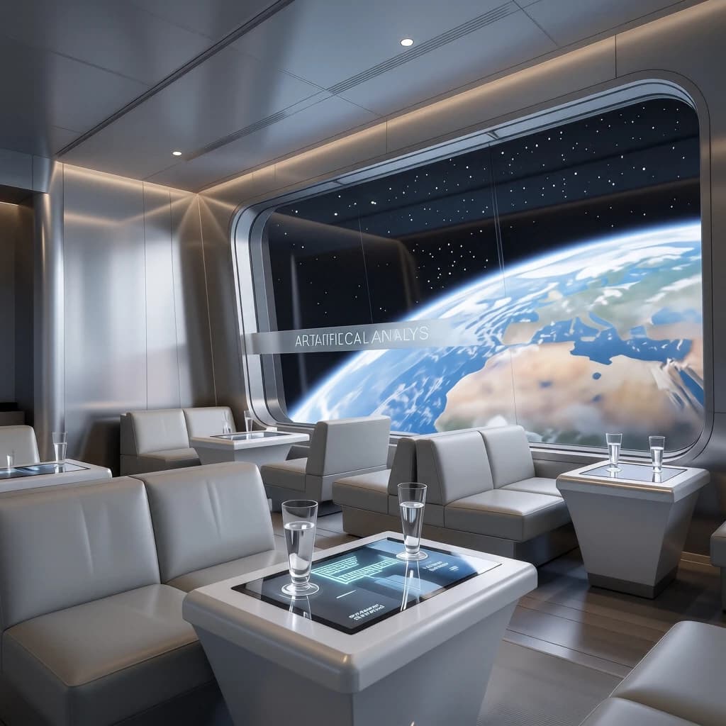 The orbital lounge has brushed aluminum walls and pale leather banquettes. Low white tables are inset with glowing touchscreens. Drinks are clear, flavorless, in tall unmarked glasses. The viewport is floor-to-ceiling, showing Earth moving slowly beneath. The word Artificial Analysis is etched discreetly on the glass in a frosted band.