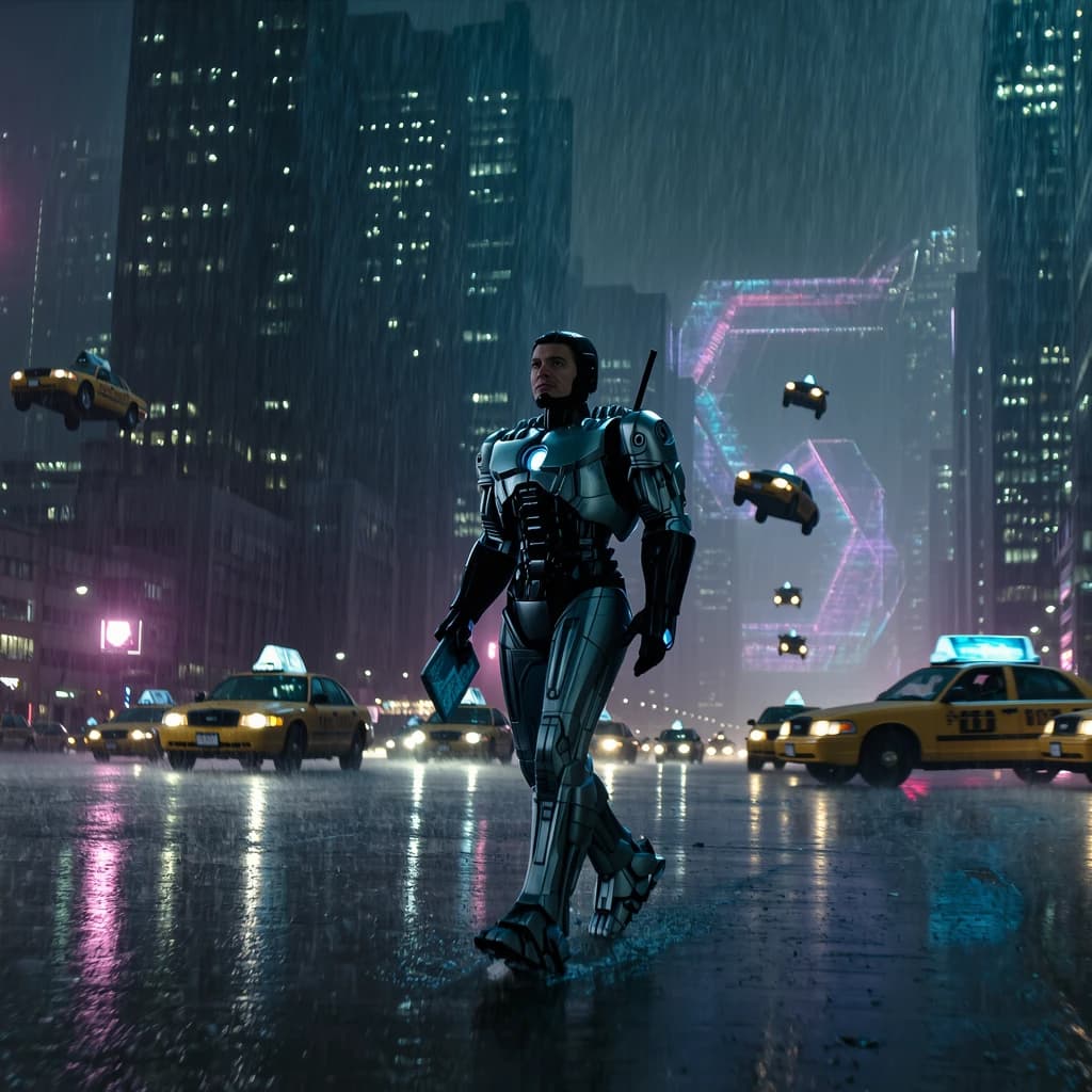 Rain-soaked neon megacity at night, flying taxis weave between glass towers, giant holograms flicker; a lone courier in a matte exosuit, somewhat cinematic wide angle.